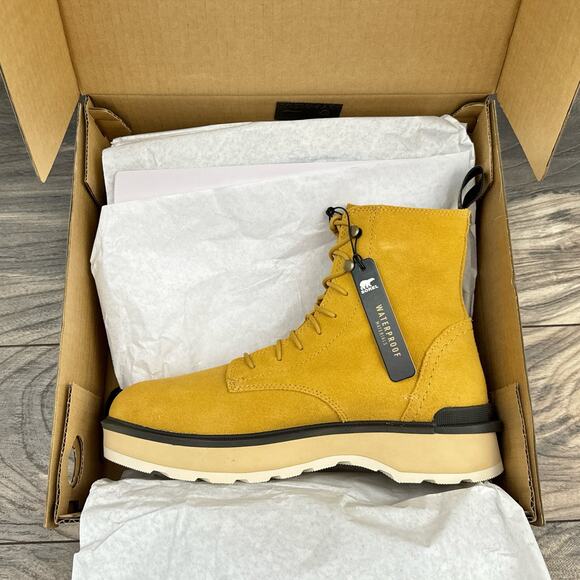 NIB Sorel Hi Line Lace 9.5 Waterproof Leather Lug Sole Combat Boots Geo Yellow - Picture 10 of 14